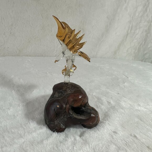 Vintage Glass Baron Bald Eagle Blown Art Statue Burl Wood Base 22 kt Gold tips - Picture 2 of 8